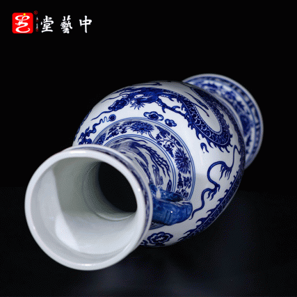 【中藝堂】王怀治老师《青花云龙纹象耳对瓶》陆如陆涛联合创作柴烧对瓶