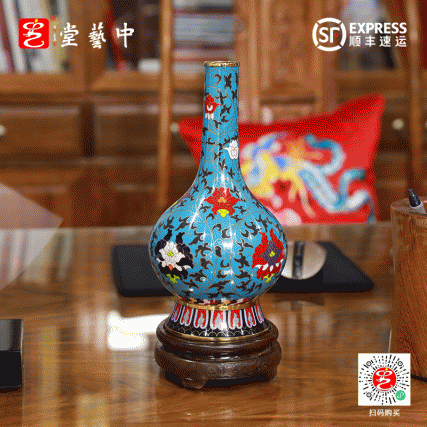 【中藝堂】收藏品艺术品米振雄景泰蓝掐丝珐琅缠枝莲纹胆瓶家居摆件