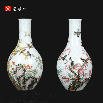 宫廷珐琅彩典藏·王辉督造「鸲鹆梅花胆瓶」 | 台北故宫同款，对瓶典藏 | 可人鸲鹄知春色，雅室生辉