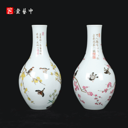 宫廷珐琅彩典藏·王辉督造「鸲鹆梅花胆瓶」 | 台北故宫同款，对瓶典藏 | 可人鸲鹄知春色，雅室生辉