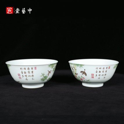 复刻台北故宫雍正官窑·珐琅彩竹雀图碗（一对） | 王辉再现诗书画印四绝珍品 | 竹雀生趣，题句钤印，对碗典藏