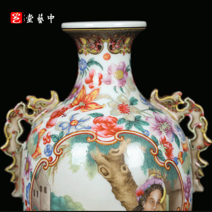 复刻台北故宫乾隆奇珍·珐琅彩西洋人物螭耳瓶 | 王辉督造，黑地百花，开光见奇 | 珍藏一对，纳中西之美