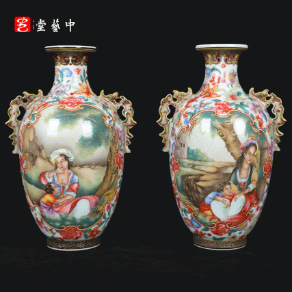 复刻台北故宫乾隆奇珍·珐琅彩西洋人物螭耳瓶 | 王辉督造，黑地百花，开光见奇 | 珍藏一对，纳中西之美