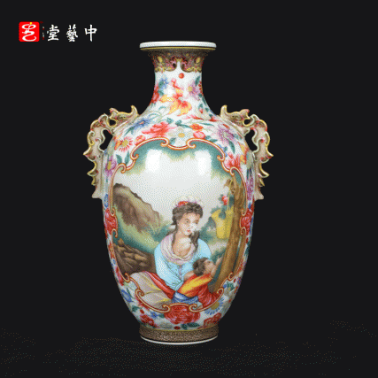 复刻台北故宫乾隆奇珍·珐琅彩西洋人物螭耳瓶 | 王辉督造，黑地百花，开光见奇 | 珍藏一对，纳中西之美